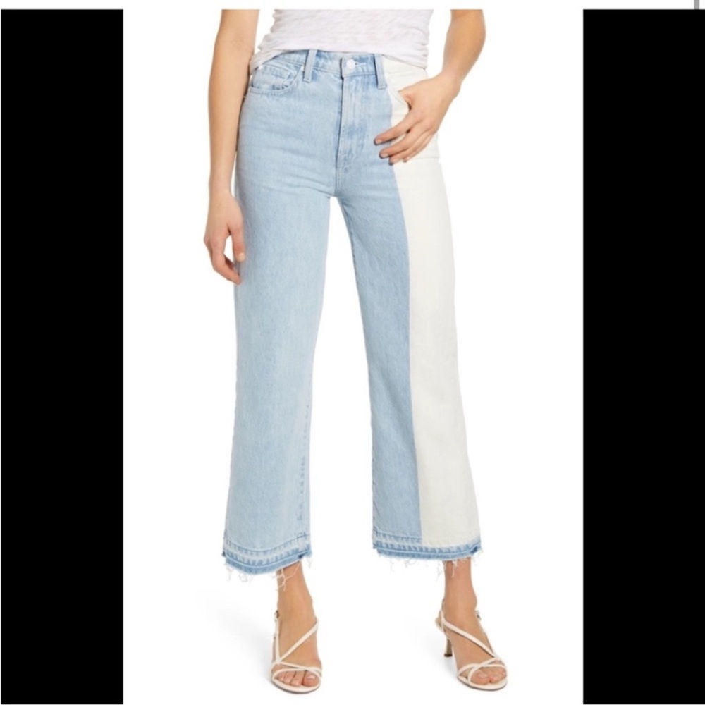 7 For All Mankind Flare Wide Leg Jeans in Blue and White